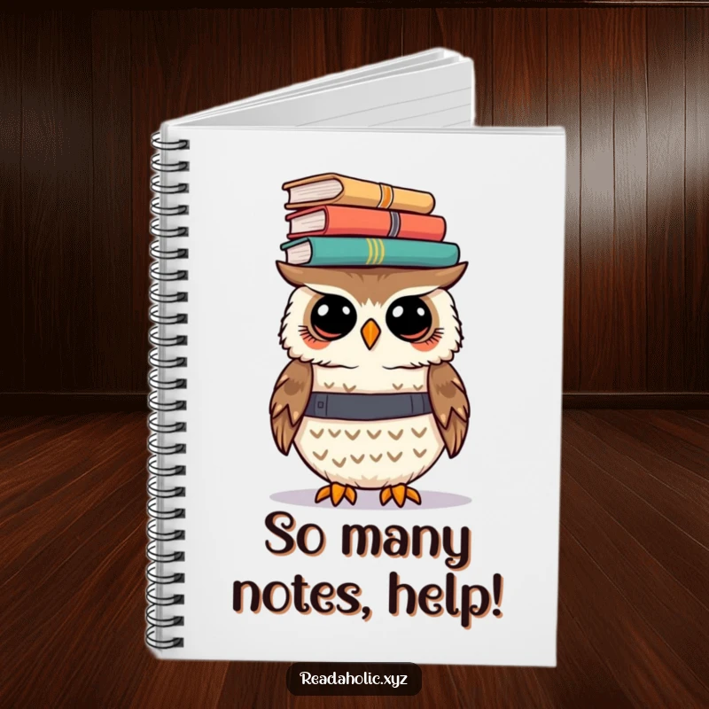 Funny kawaii owl notebook featuring a cute owl balancing a stack of books on its head, ideal for academic notes.