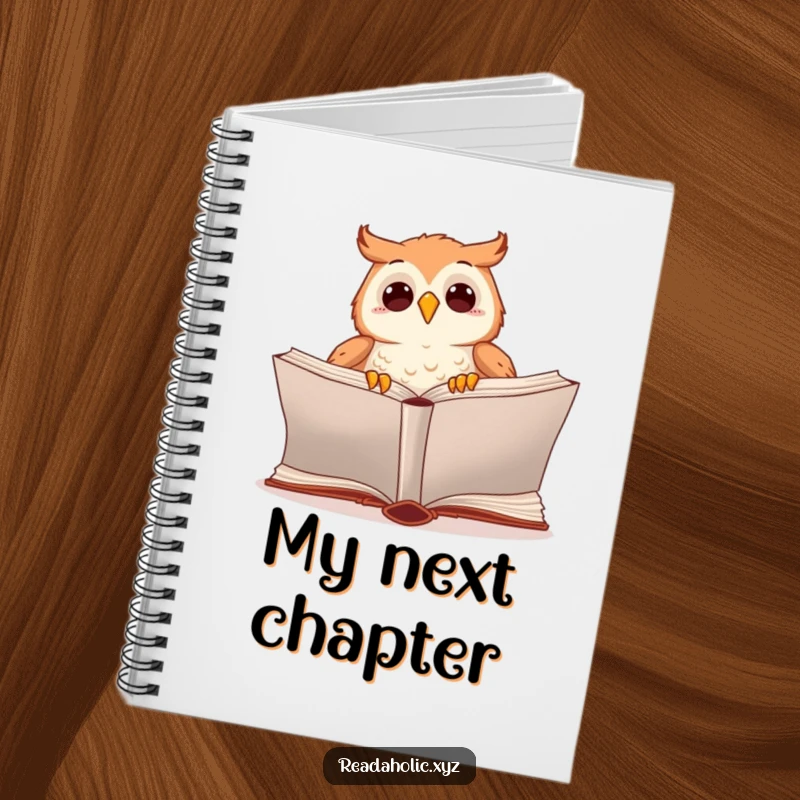 Funny kawaii owl notebook with an excited owl turning the page of a large book, perfect for jotting down story ideas.