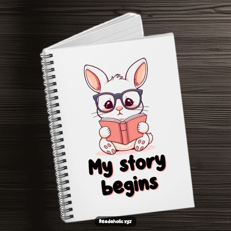 Funny kawaii rabbit notebook with a cute rabbit wearing glasses, engrossed in a story, perfect for jotting down ideas.