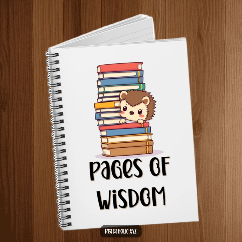 Funny Kawaii hedgehog notebook cover, peeking from behind a stack of books, ideal for journaling and creative writing.