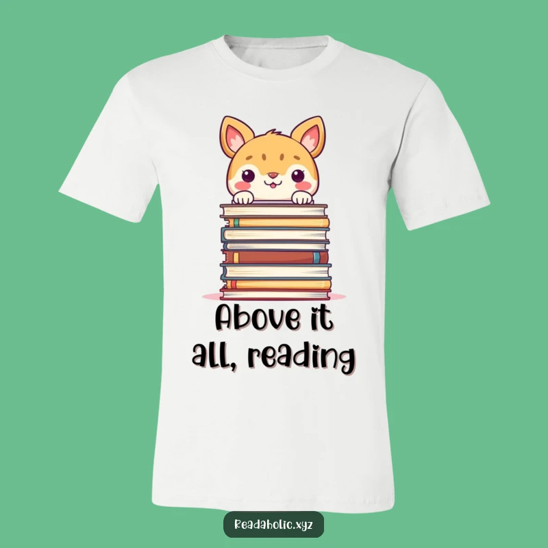 Funny Bookworm T-Shirt: Smiling Animal Peeking Over Giant Book Stack, Playful Reader Tee