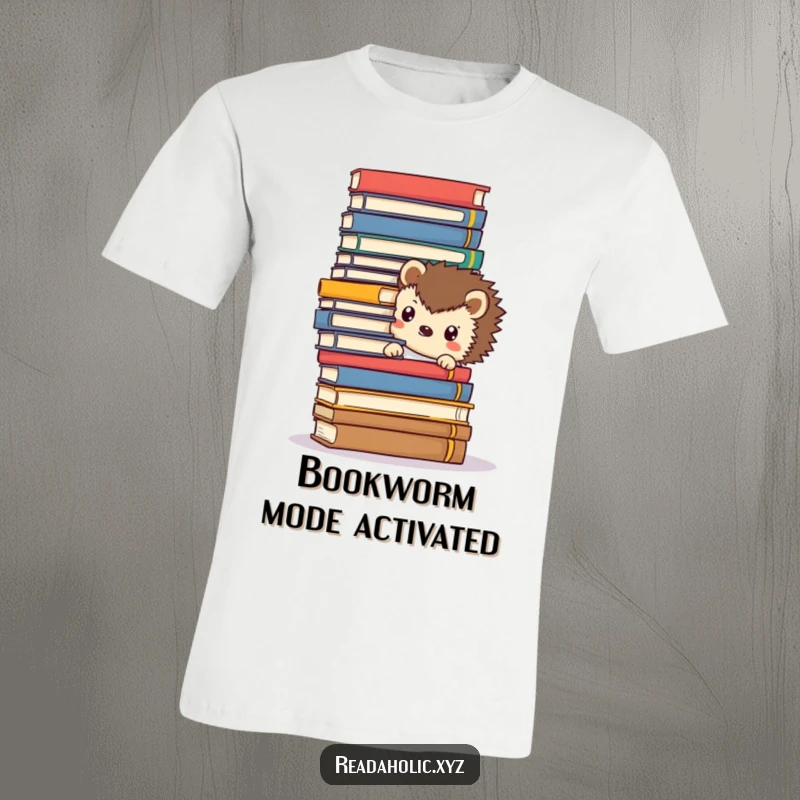 Funny Kawaii hedgehog t-shirt, peeking curiously from behind a huge pile of books, showcasing a love for reading adorably.