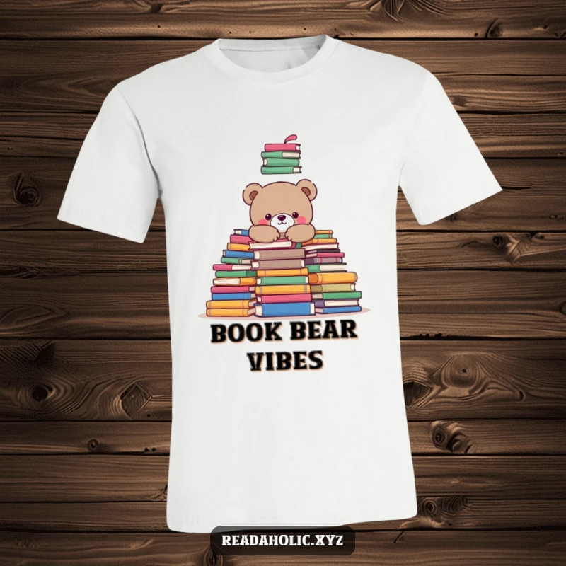 Funny kawaii bear t-shirt, depicted snuggling in a mountain of books, embodying ultimate reader comfort. Perfect funny gift.