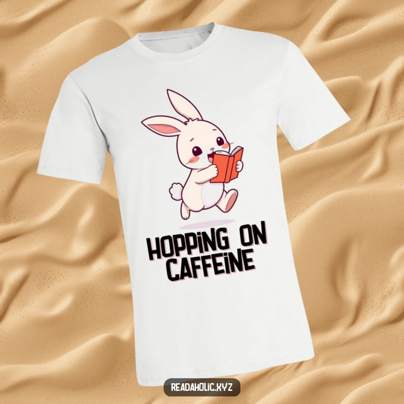 Funny kawaii bunny t-shirt, hopping with pure joy clutching a small book, a symbol of literary excitement. Ideal funny gift for readers.