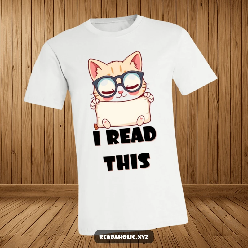 Funny kawaii cat t-shirt, wearing glasses, gazing at a scroll with delight. Perfect funny gift for intellectuals.