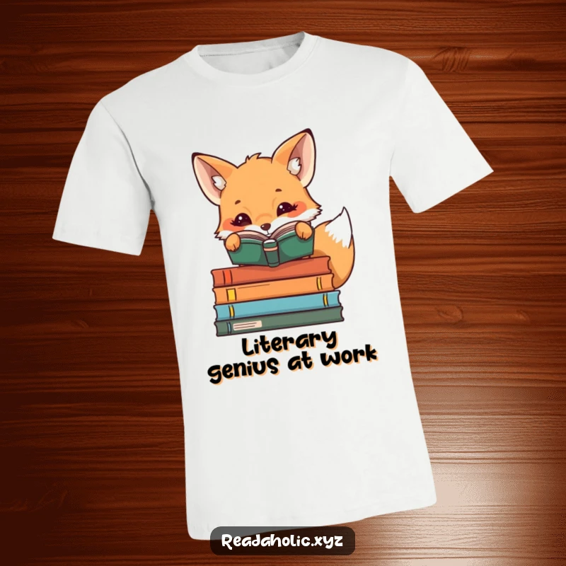 Funny kawaii reading fox peeking over book stacks, cute bookworm t-shirt, literary humor, animal graphic tee, curious glance.