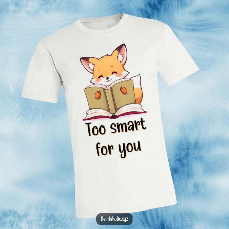 Funny kawaii fox t-shirt featuring a cute fox engrossed in reading a giant, open book with great enthusiasm.