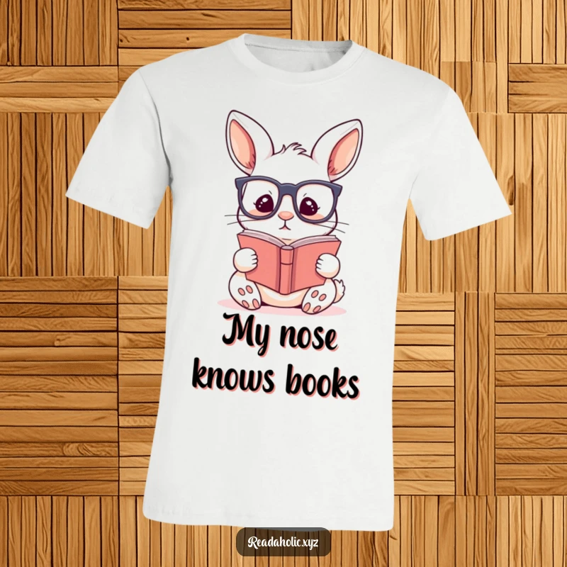 Funny kawaii rabbit t-shirt with adorable glasses, engrossed in reading a story, ideal for book lovers with a sense of humor.