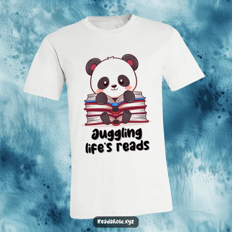Funny Kawaii panda t-shirt, humorously balancing a precarious stack of open books, showcasing academic effort with a cute twist.