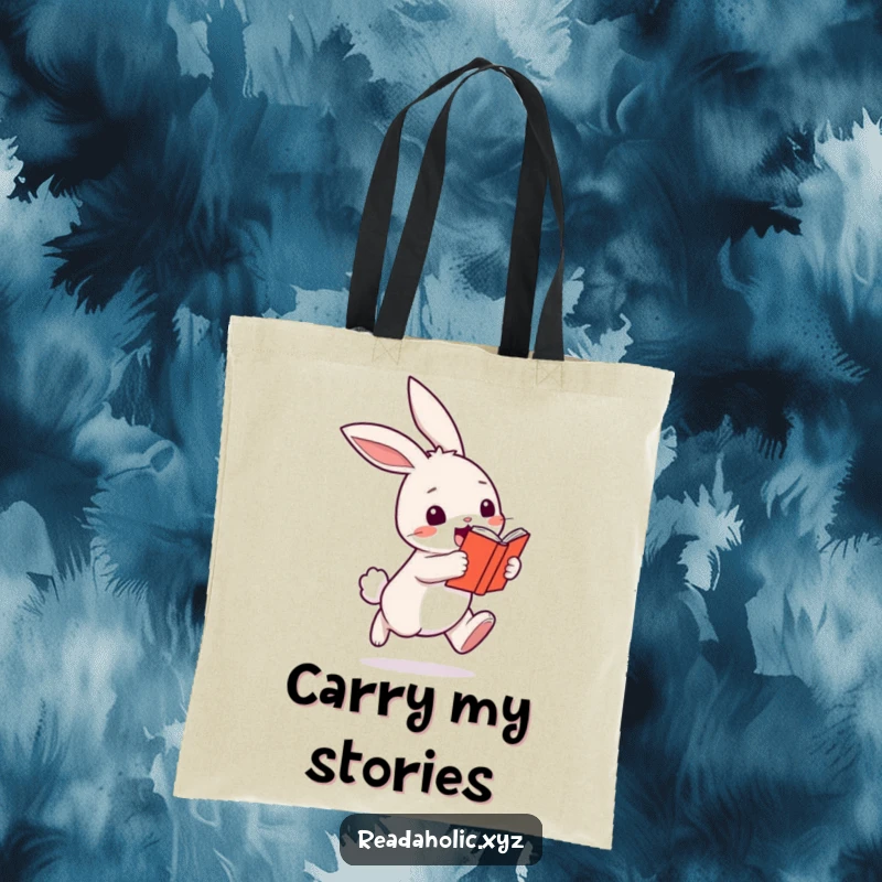 Funny kawaii bunny tote bag, gleefully hopping while holding a book, perfect for carrying novels. Great funny gift for readers.