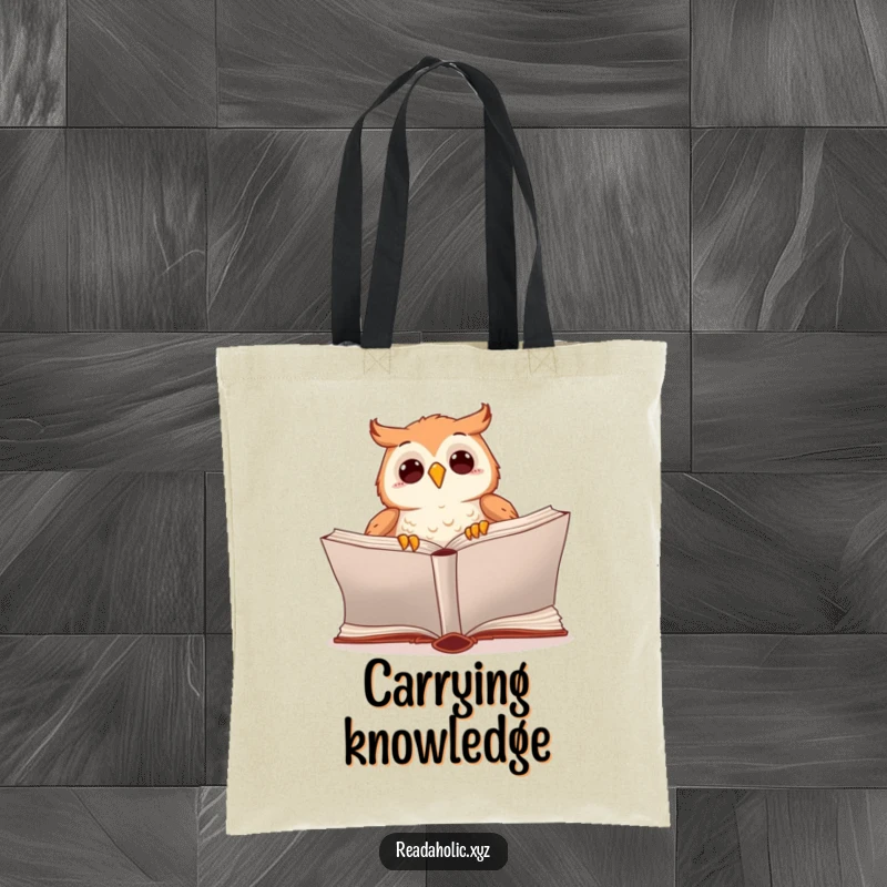 Funny kawaii owl tote bag with an excited owl turning the page of a large book, perfect for carrying books and essentials.
