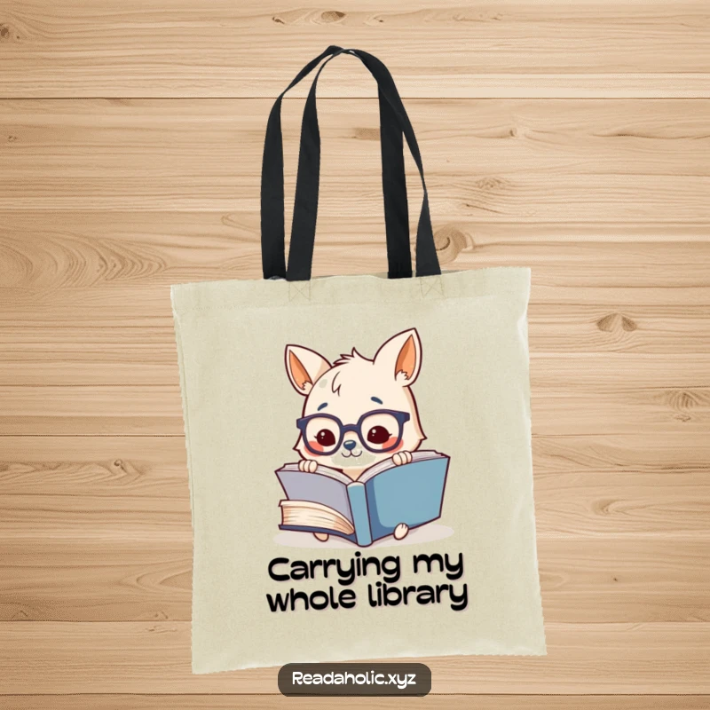 Funny tote bag featuring a cute animal with glasses, enthusiastically reading a giant book, ideal for library trips.