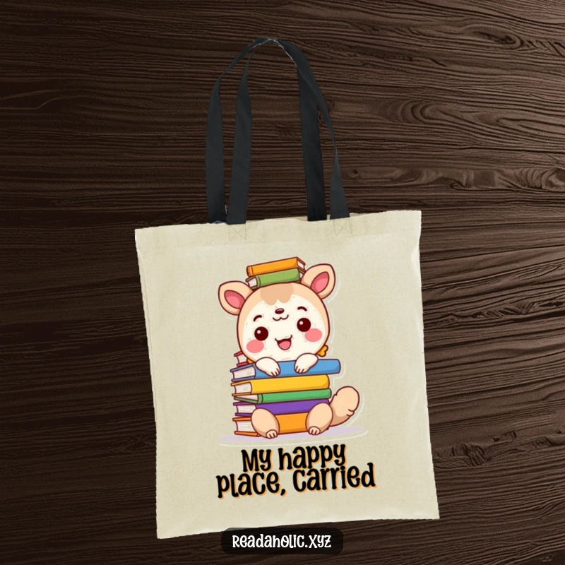 Funny tote bag featuring a cheerful animal character holding a high stack of colorful books, ideal for library trips.