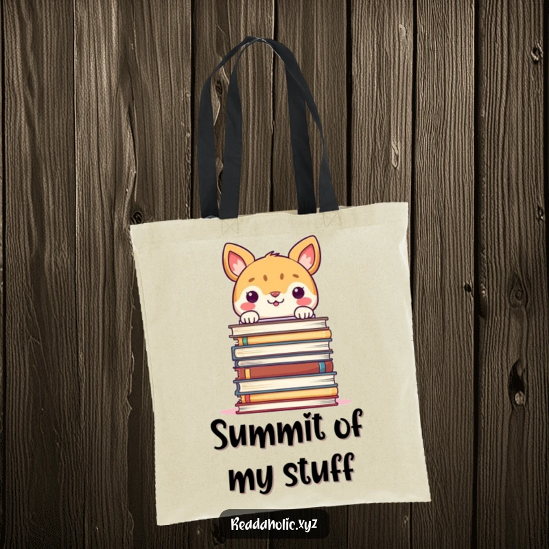 Funny tote bag featuring a smiling animal peeking over a large stack of books, ideal for library trips.