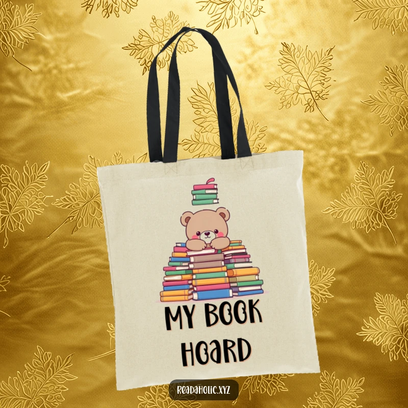 Funny kawaii bear tote bag, snuggling in a pile of books, perfect for carrying literary treasures. Excellent funny gift.