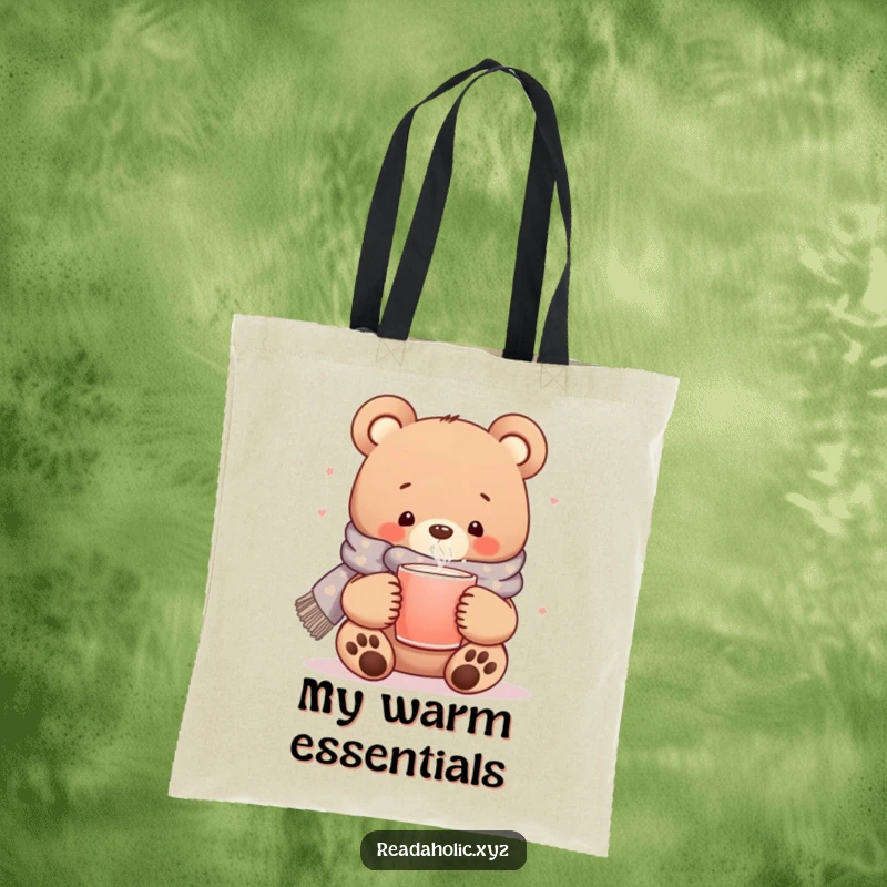 Funny kawaii bear tote bag, cozy scarf, steaming mug, cute animal accessory, everyday charm bag.