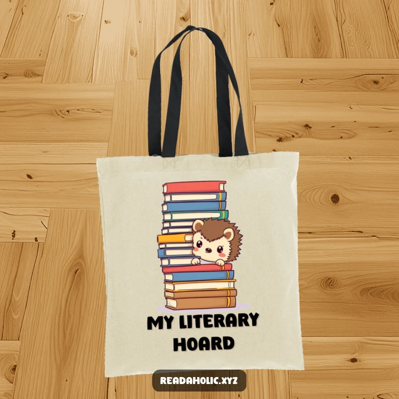 Funny Kawaii hedgehog tote bag, peeking from behind towering books, a cute and practical accessory for carrying literature.