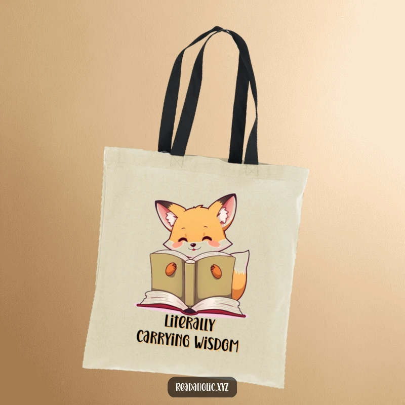 Funny kawaii fox tote bag showing a cute fox enthusiastically reading a large open book, ready for literary journeys.