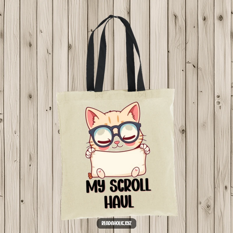 Funny kawaii cat tote bag, wearing glasses and looking at a scroll with glee, perfect for carrying books. Excellent funny gift.