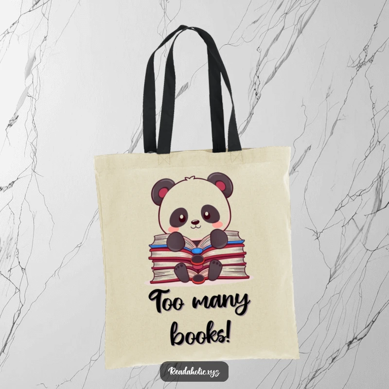 Funny Kawaii panda tote bag, struggling to balance many open books, a cute and practical accessory for carrying academic materials.